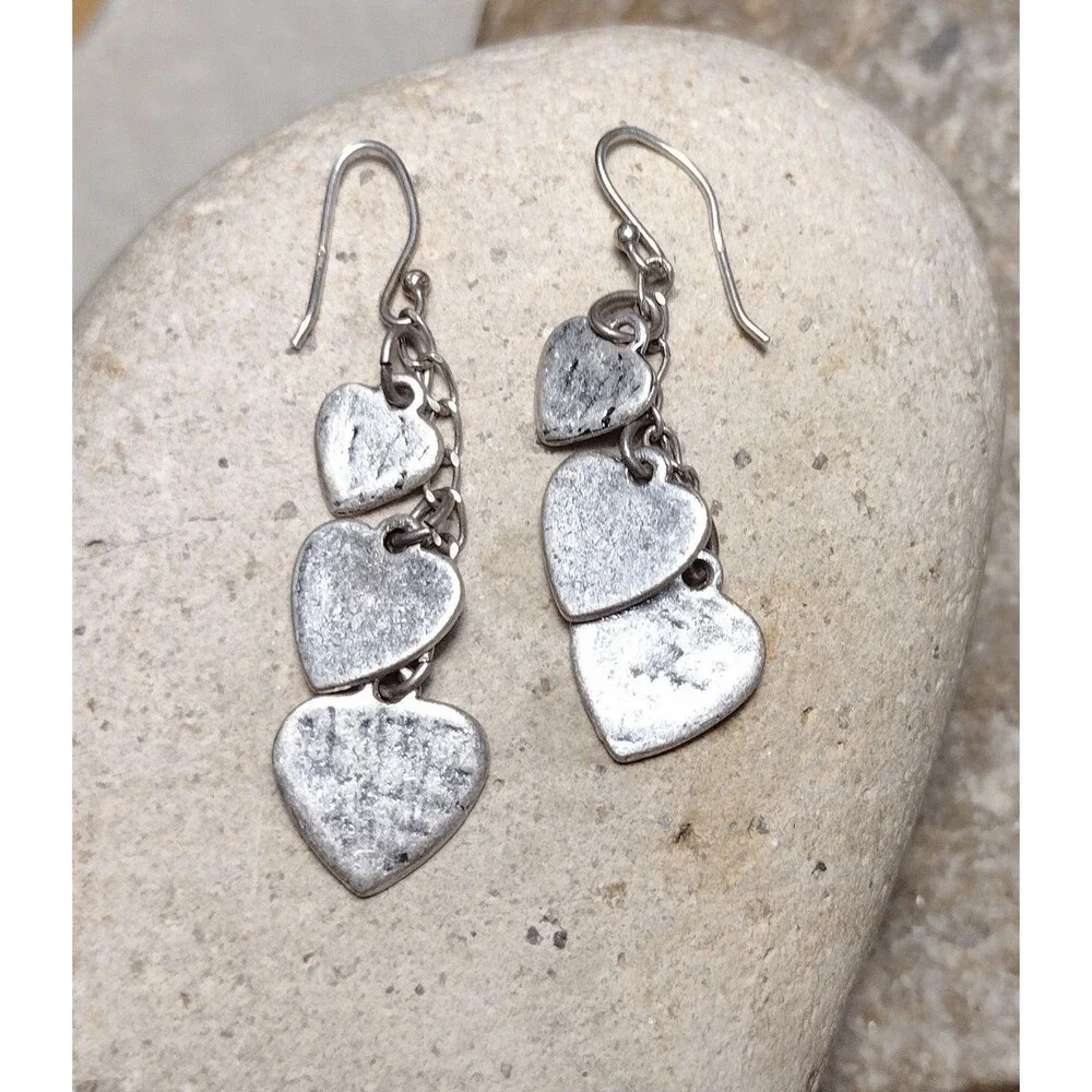 .925 Sterling Silver Hammered Heart Chain Dangle Earrings